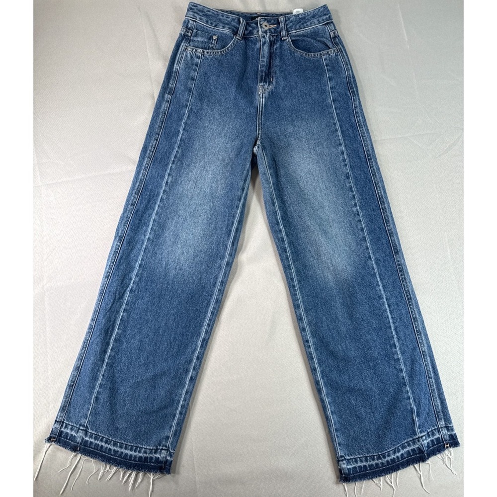 Wide Leg Jeans Womens S Semir High Rise Frayed Raw Hem Medium Wash Blue Baggy